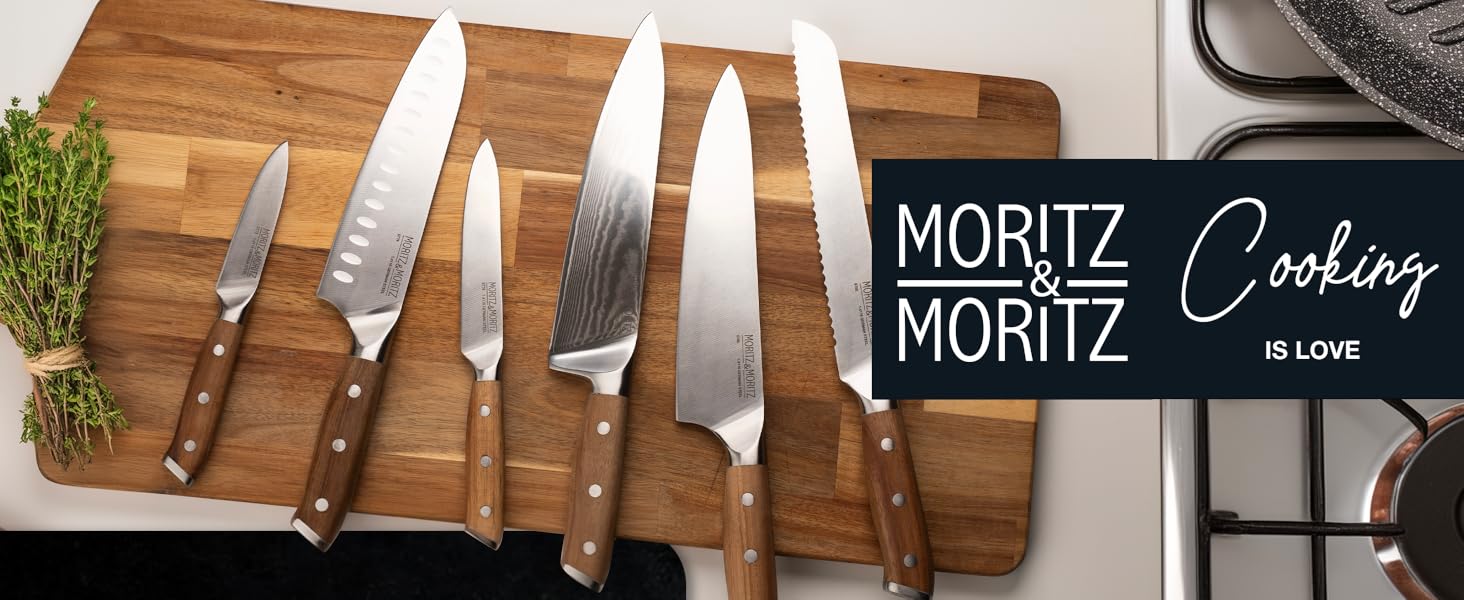 Ніж кухарський Moritz & Moritz Damastmesser 20 см - професійний ніж з дамаської сталі 67 шарів - кухонний ніж з ергономічною ручкою з акації