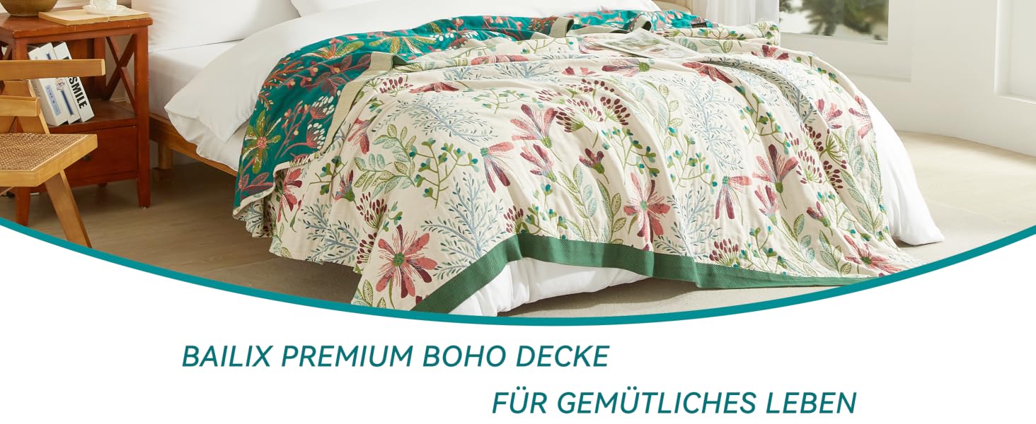 Покривало Bailix Premium Boho з 100% бавовни, двостороння муслінова ковдра 150x200 см, плед для дивана та ліжка в стилі пэчворк, смарагдово-бежевий