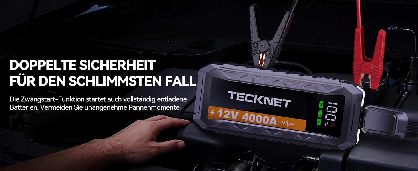 Бустерний пускач TECKNET 4000A 12V для автомобіля (бензин до 10л, дизель до 8л) з USB-портом та LED-ліхтарем, чорний