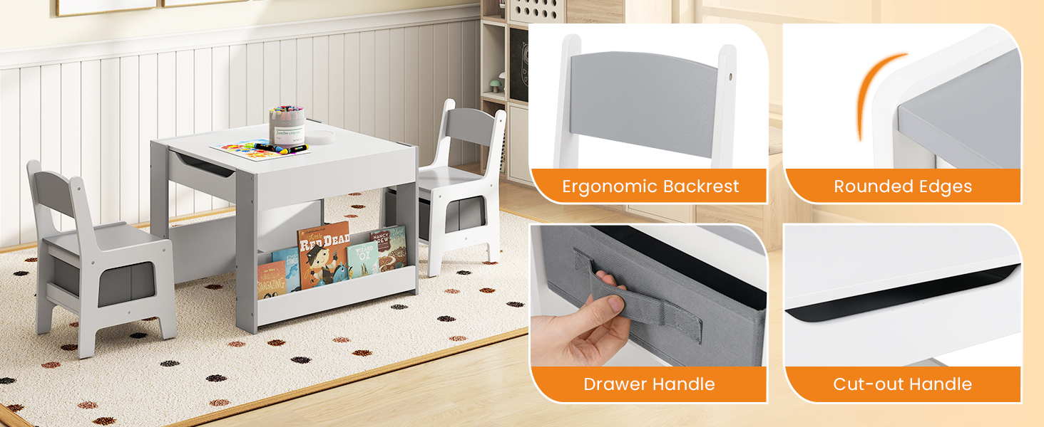 Дитячий стіл LIFEZEAL 3 в 1 з 2 стільцями: стіл для малювання, активностей та обідній стіл. Дитяча меблева група з дерева з місцем для зберігання (сірий)