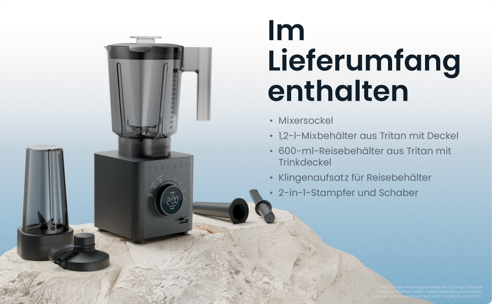 Блендер стаціонарний Chefman Obliterator 1.2л, 1380W, для смузі, льоду, горіхів, з нержавіючою сталлю, функція Auto Blend, пляшка 600мл - Midnight