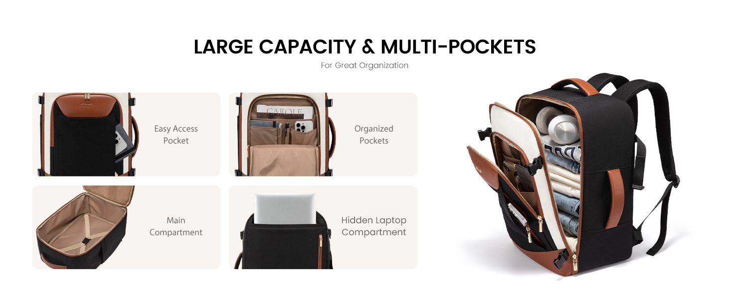 LOVEVOOK Рюкзак для ручної поклажі, 40L, для подорожей, з відділенням для ноутбука, водонепроникний, чорно-бежево-коричневий