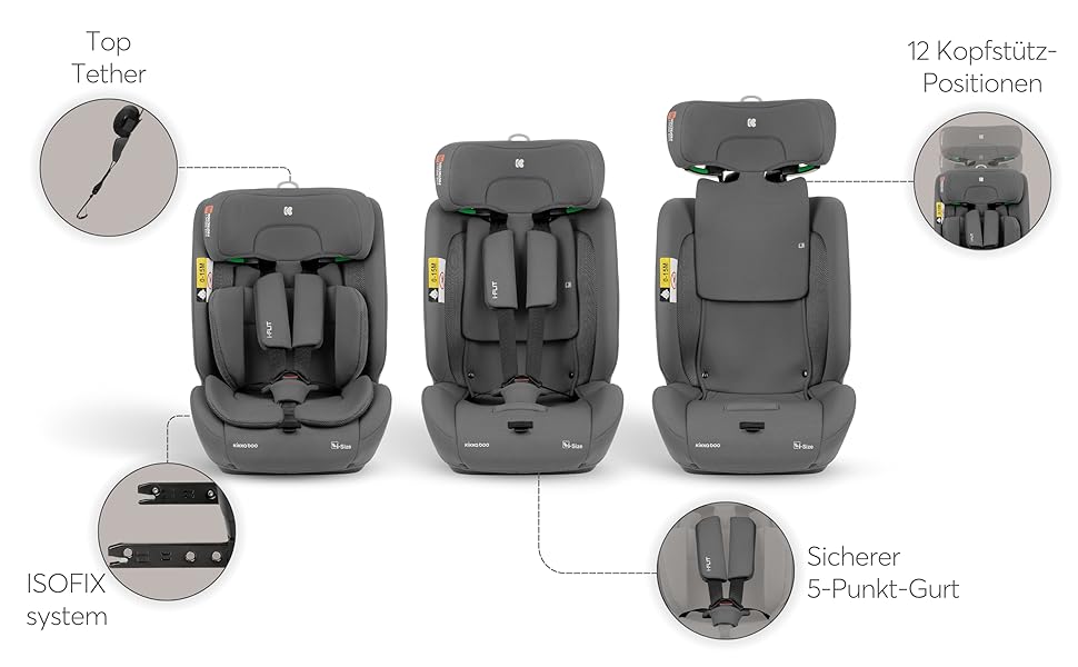 Автокрісло KikkaBoo i-Size i-FLIT 9-36 кг ISOFIX, Група 1/2/3, 15 міс. - 12 років, SPS, Top Tether, регульована підголовник, темно-сірий