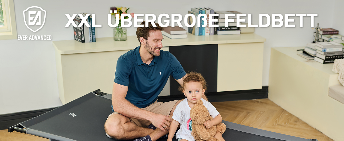 Розкладне ліжко для кемпінгу EVER ADVANCED XXL (214x106 см), посилене кемпінг-ліжко до 300 кг, сіре