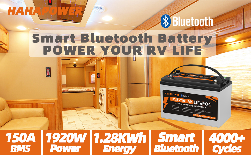 Акумулятор Hahapower 12.8V 100Ah Bluetooth LiFePO4, розумне живлення, захист від холоду, 15000 циклів, 150A BMS, для автофургонів, сонячна батарея