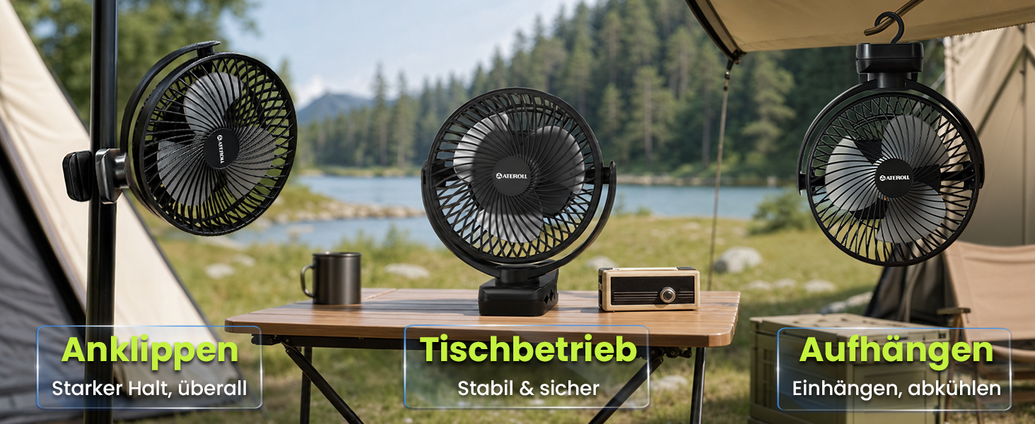 Вентилятор портативний Ateroll 10000mAh з пультом, USB, 20 см, 3 швидкості, з LED підсвіткою та таймером - для дому, офісу, кемпінгу