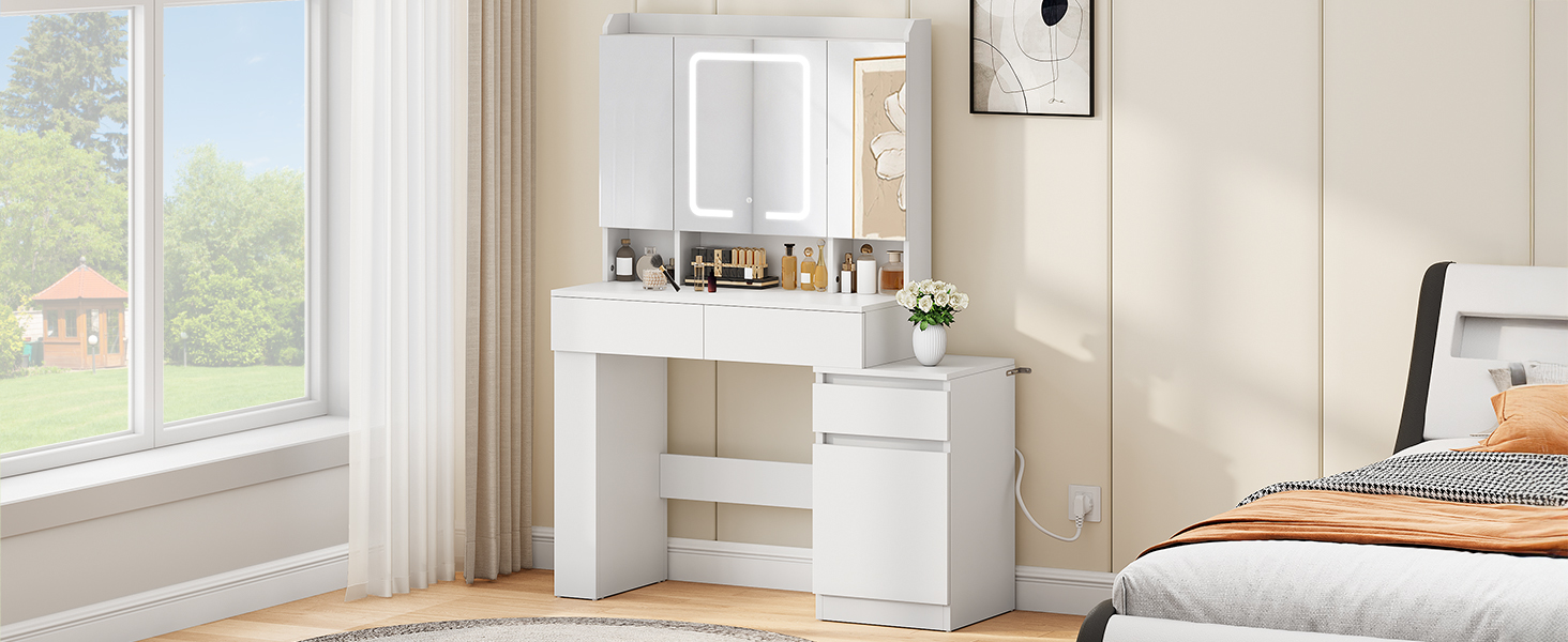 Туалетний столик YITAHOME з підсвіткою та дзеркалом, 4 шухляди, відкриті полиці, чорний (білий)