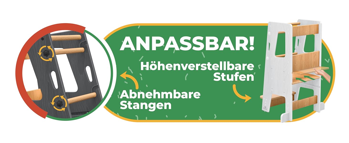 КІДІЗ® навчальний стільчик для дітей від 1 року | 3-ступеневий регульований по висоті | з навчальним годинником | дерев'яний (сосна) | розвиває моторику | Montessori Learning Tower | до 50 кг | антрацит & сосна