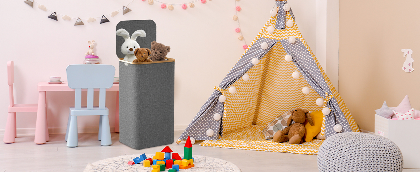 Кошик для білизни з кришкою 70л, вузький, з бамбуковими ручками та внутрішньою кишенею, складний, портативний, для пральні, йоги, темно-сірий 70л