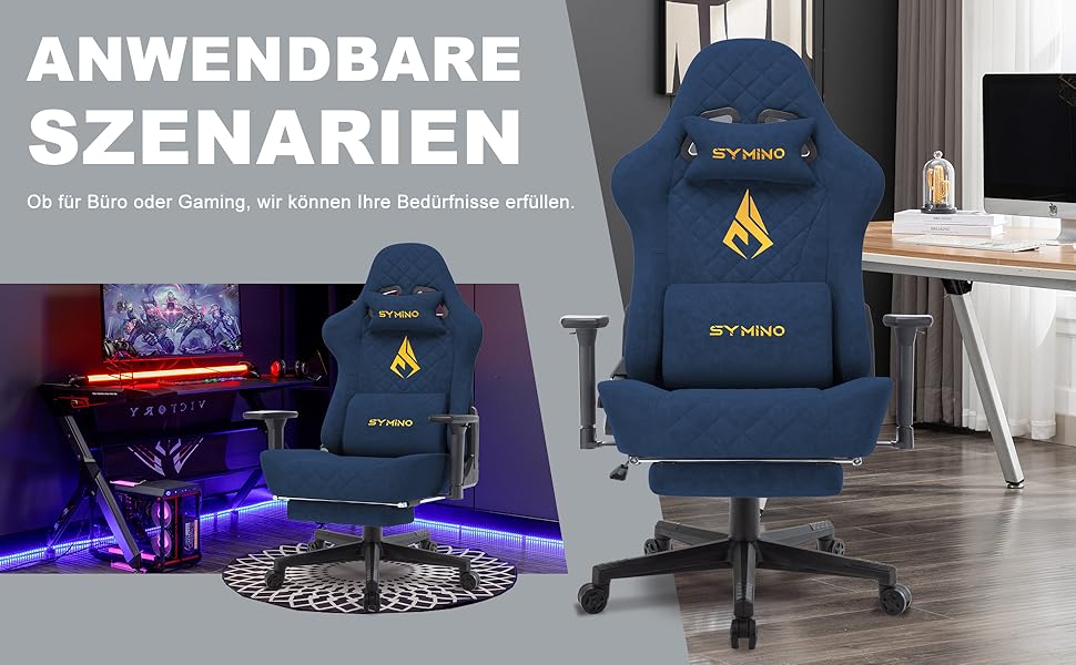 Ігровий крісло Symino, ергономічне, з дизайном гоночного авто, для ПК, вінтажне, з регульованою підніжкою, оббивка з PU-шкіри (блакитний)