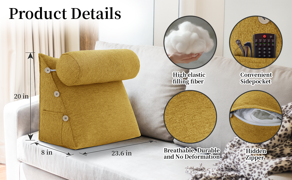 Підкова для читання Bettkeil, регульоване подушечкове ліжко, трикутна подушка, подушка-клинок, диванна подушка для попереку, шиї, подушка для підтримки спини з знімним льняним чохлом (жовтий, з подушкою для шиї 60см)