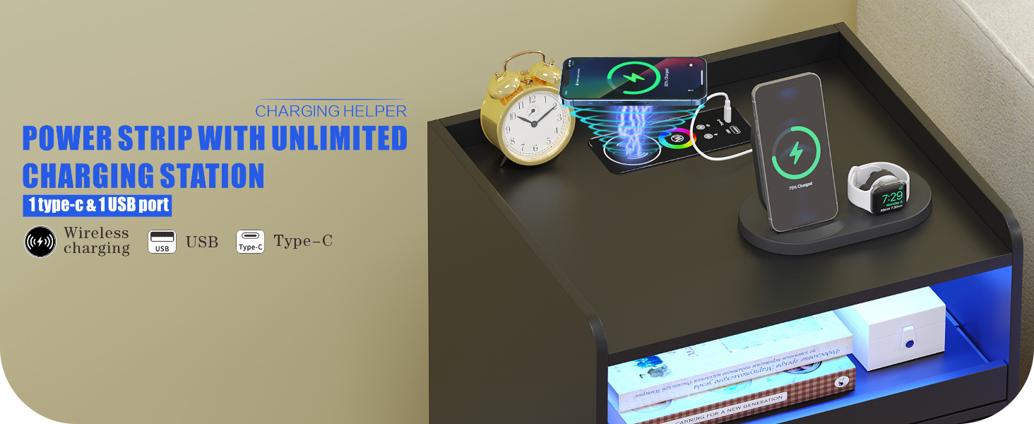 Нічний столик FREDEES з LED-підсвічуванням, ящиком, зарядкою та датчиком руху, сірий (2), чорний