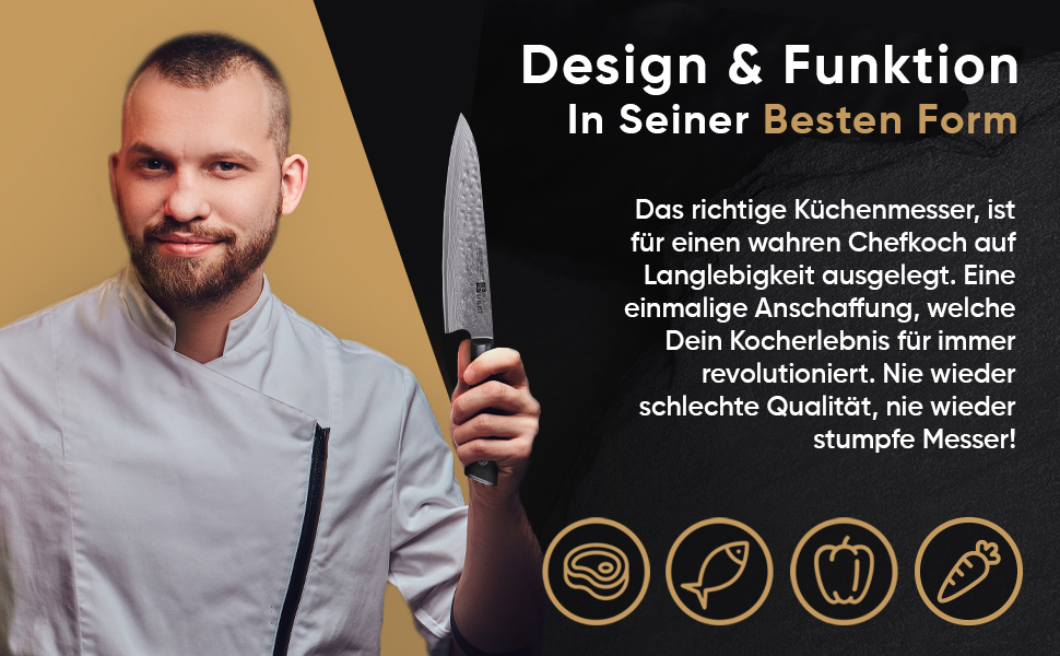 Ніж кухарський Kochstilst® Premium Damast 20 см з подарунковою коробкою. Дамасткова сталь 67 шарів, VG-10, преміум якість, кухонні ножі, з дерев'яною ручкою