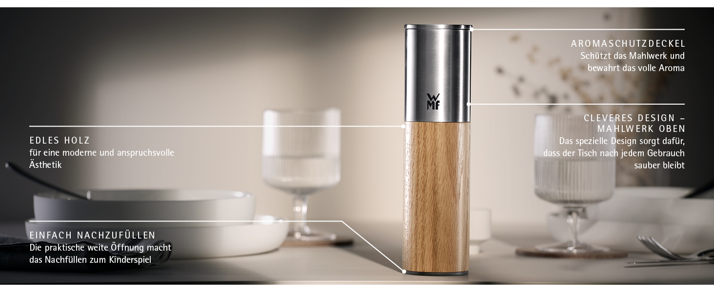 Мельниця WMF Nature Pro: ручна для солі та перцю з керамічним механізмом, регульованим помолом та аромашлузом