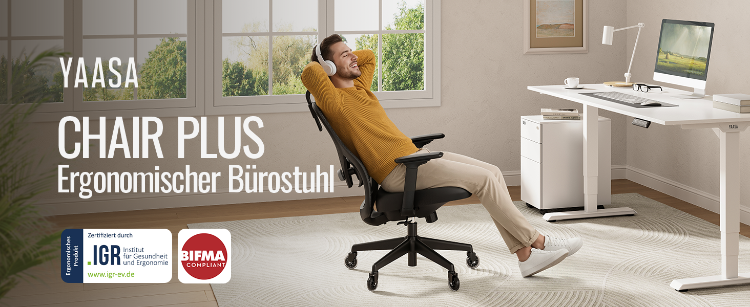 Яаса Крісло Plus: Ергономічне офісне крісло з підголівником, 2D-підтримкою попереку та 4D-підлокітниками. Тест-переможець 2026. Для дому та офісу, універсальні колеса (до 150 кг), чорний колір