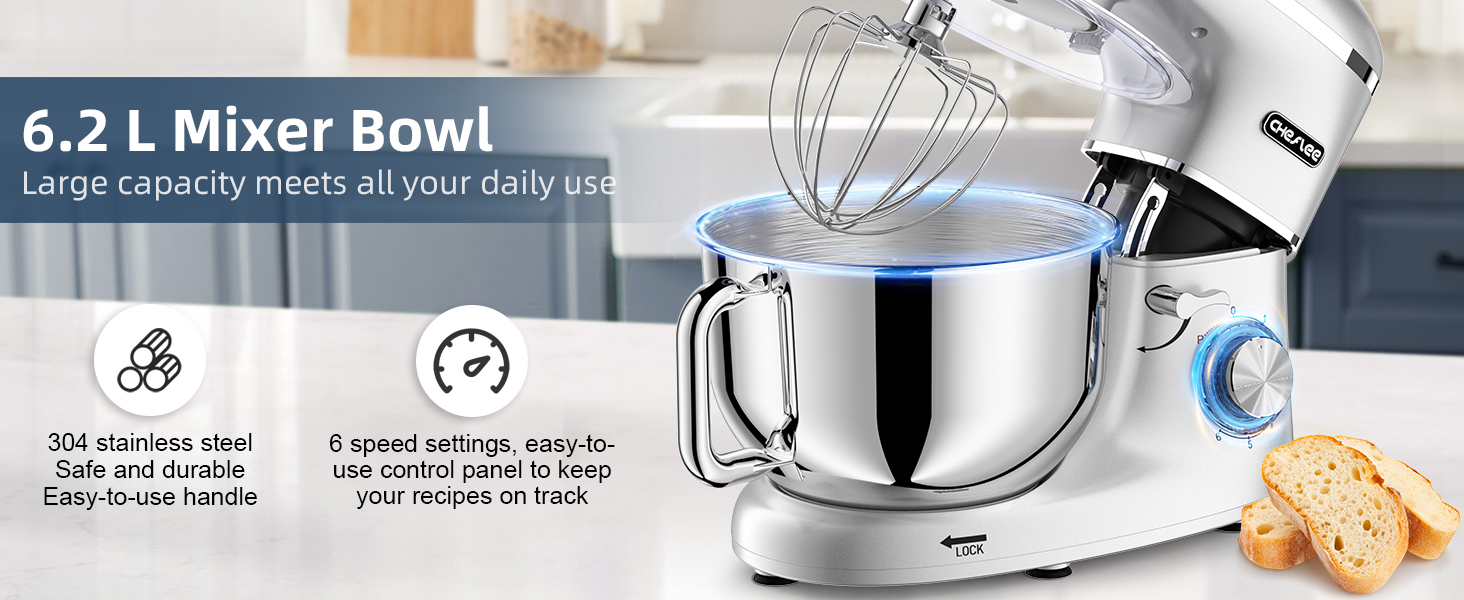 Кухонна машина Cheflee 2000W з місткою чашею 6.2L з нержавіючої сталі, 6 швидкостей, низький шум, набір насадок (міксер, гак для тіста), захист від бризок