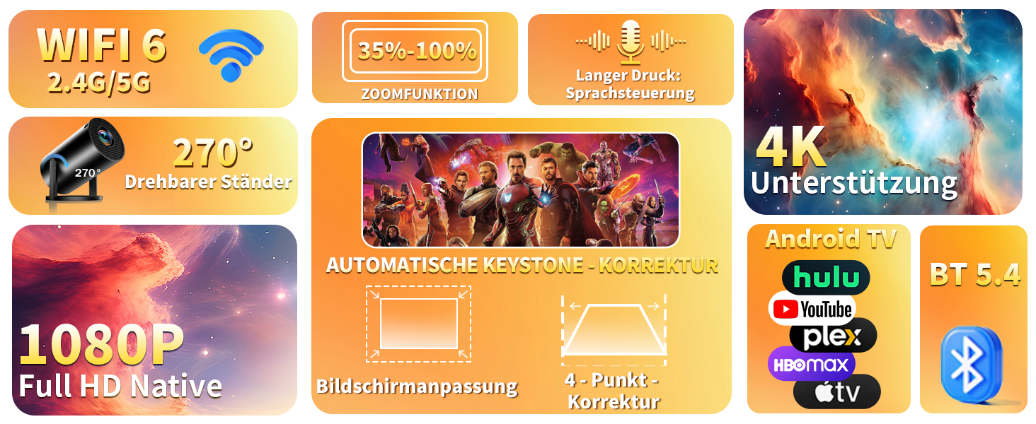 Портативний проєктор Mini Beamer 4K Full HD з Wi-Fi 6, Bluetooth 5.4 та автоматичною корекцією трапецеїдальних спотворень. Підтримка 4K, Full HD, 1080P. Сумісний з TV Stick, USB, Laptop, PC. В комплекті миша та пульт дистанційного керування. Чорний колір.