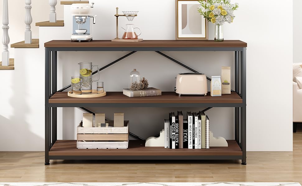 Низька полиця для книг IBF з 3 ярусами, індустріальний стиль, метал та дерево, 120x34x74 см, коричневий