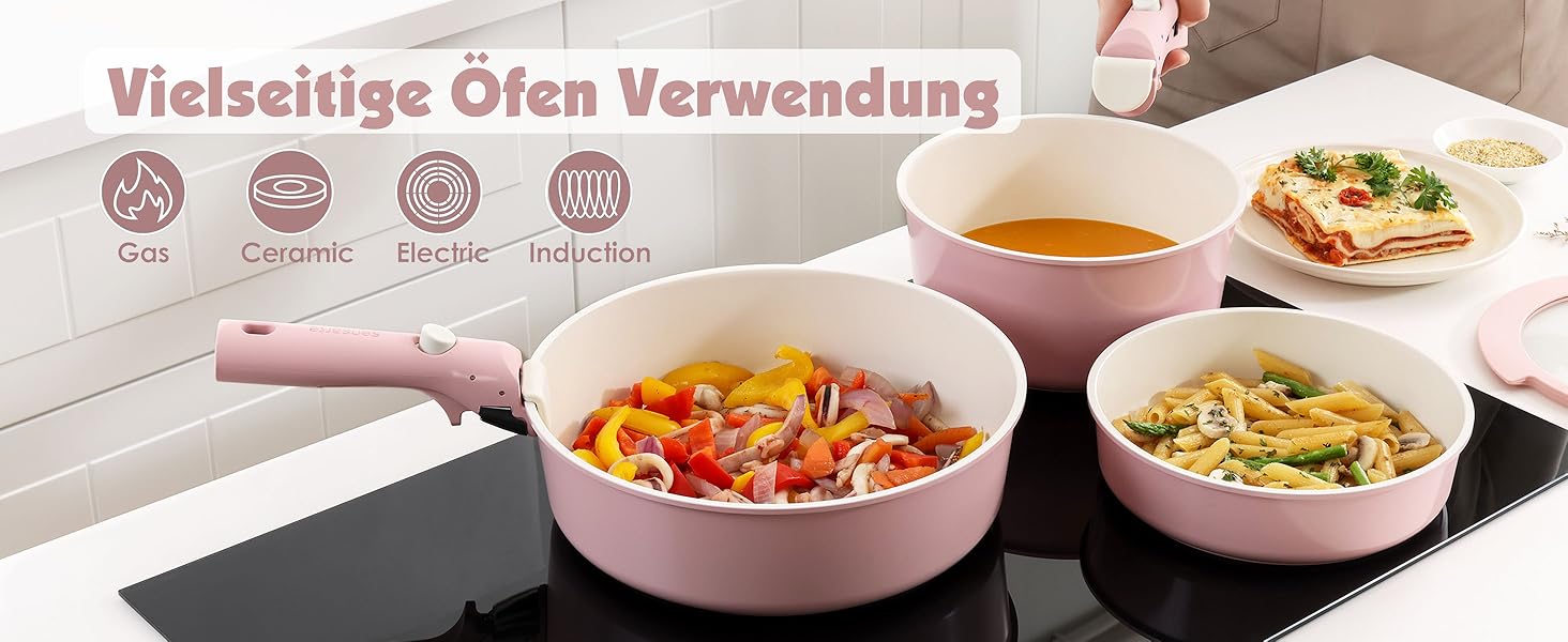 Набір посуду SENSARTE 17 частин з керамічним покриттям, антипригарний, для всіх плит, безпечний, рожевий