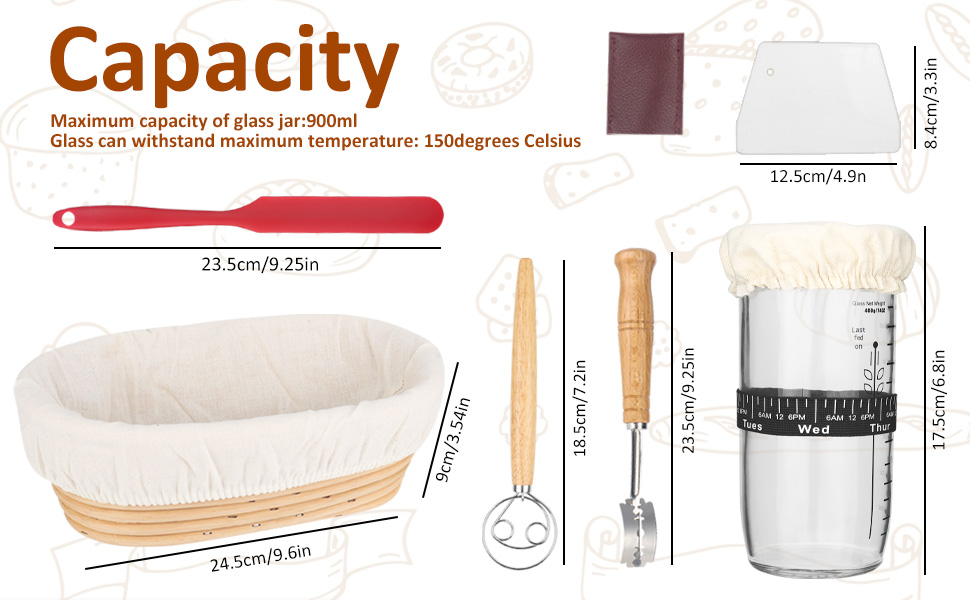 Набір для бродіння та випікання хліба: корзинка 25 см, набір 7 предметів, скляна тара 700 мл, 100% натуральний ротанг