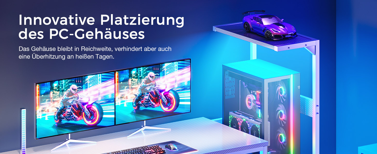 Ігровий стіл Coleshome з LED-підсвічуванням 120x48 см, з шухлядами та полицею, регульований, з тримачем для навушників