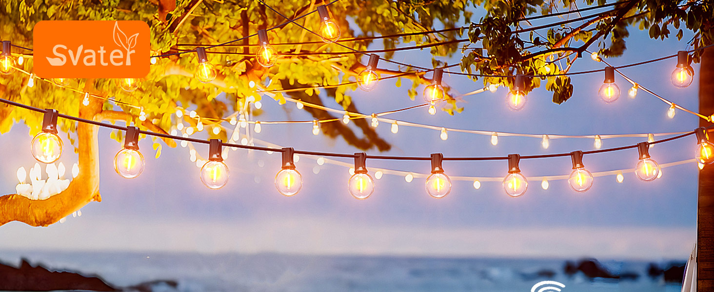 Гірлянда світлова зовнішня диммирувана 60м, G40 LED, 104 пластикові лампочки, вологостійка IP45, для саду, тераси, дерев, вечірок, 2700K тепле біле світло (2x30м), з пультом керування