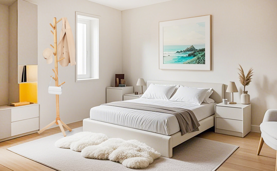 Підставка для одягу з бука, 9 гачків, 3 рівня висоти, білий колір, дерев'яна