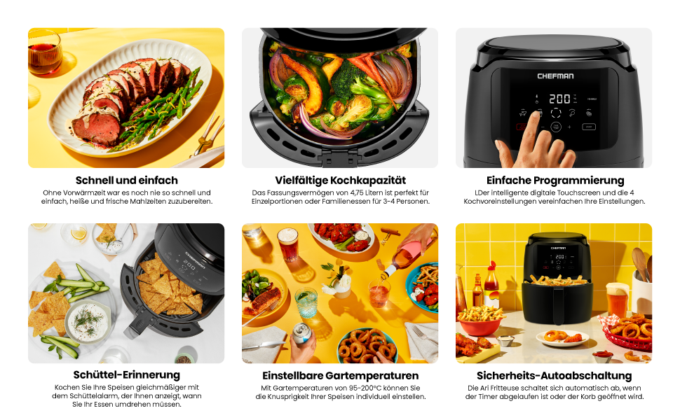Електрична аерофритюрниця Chefman 4.75 л, цифрова керування One Touch, антипригарне покриття, чорна