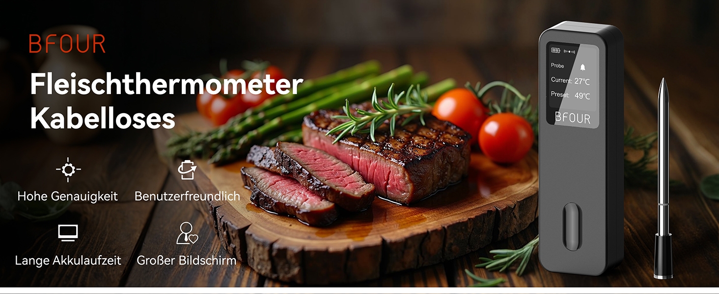 Термометр для м'яса BFOUR BF-30 PRO: бездротовий Bluetooth термометр для гриля з підключенням до додатку, LCD-дисплей, IP67 водонепроникний, для BBQ, духовки, гриля, кухні (чорний)