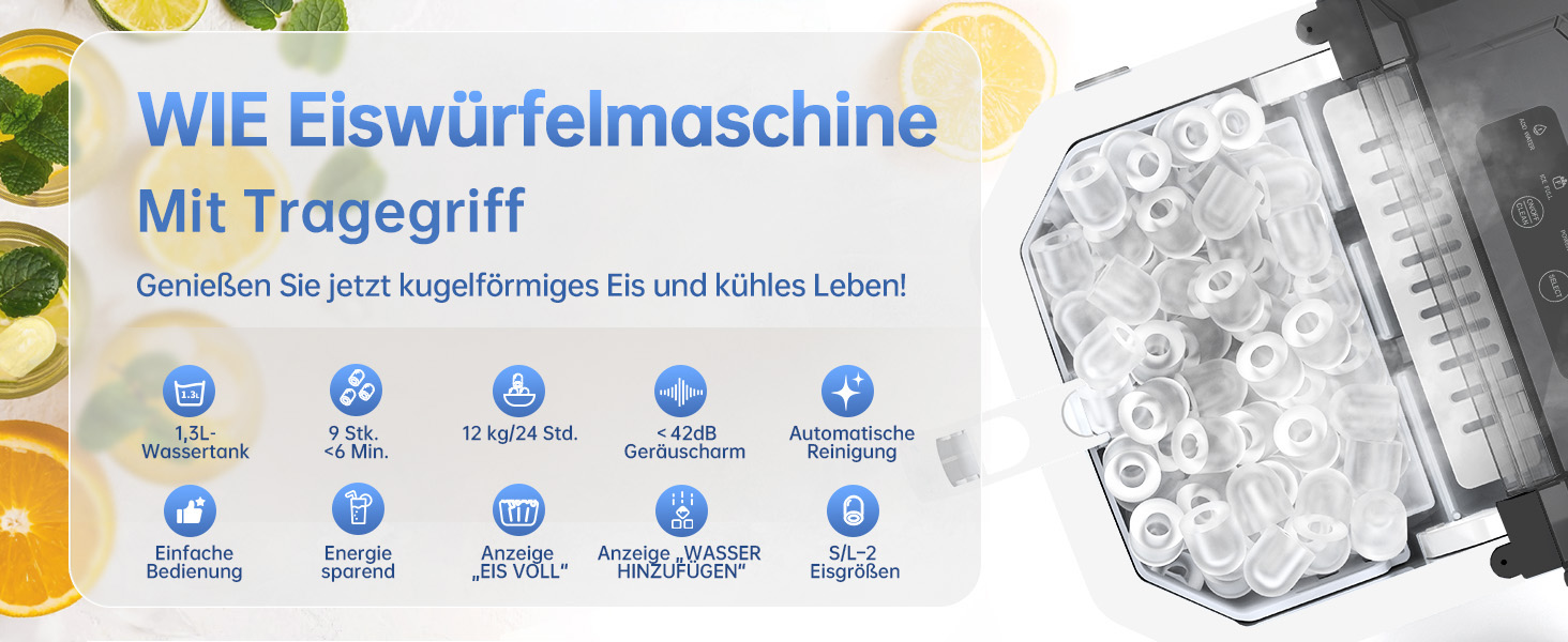 Льодогенератор WIE Kleine 1.3л для дому, офісу, бару - швидке виробництво льоду (9 кубиків за 6 хв), самоочищення, чорний