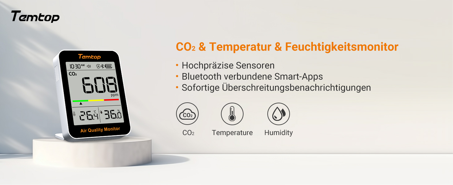 Temtop C1 Монітор CO₂ з термометром та гігрометром - точний вимірювач якості повітря для дому, офісу, школи. CO₂ та вологість з APP