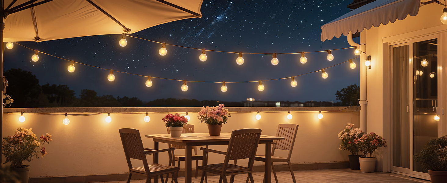 Світлодіодна гірлянда сонячна на 10 метрів, 16+1 лампочки G40, димування, 3 режими, пульт дистанційного керування, вологостійка, тепле біле світло, для саду, балкона, декору вечірок