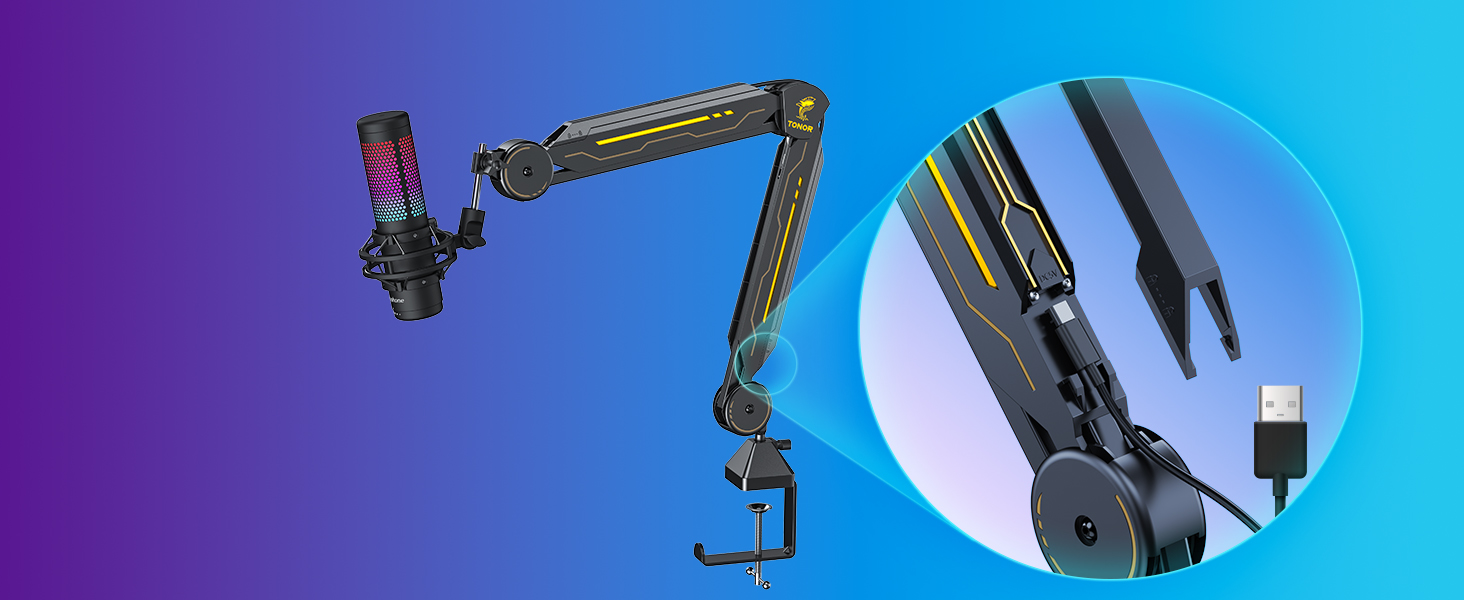 Мікрофон геймерський TONOR з RGB підсвіткою та тримачем - регульований мікрофонний кронштейн T90 з 11 ефектами для стрімінгу