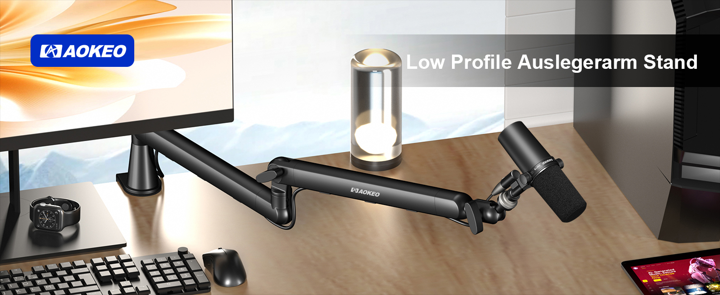 Мікрофонний стійкий тримач Aokeo AK-55 для столу, низькопрофільний, регульований, сумісний з Aokeo Yeti, Snowball iCE, HyperX QuadCast, SoloCast, Elgato Wave (Чорний)
