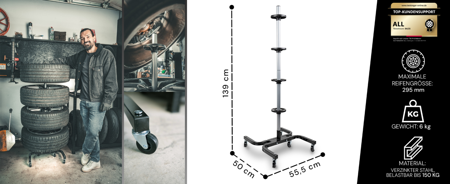 Преміум-підставка для шин на колесах (295 мм, 150 кг) - 4 шини. Чорна, мобільна, для зберігання шин