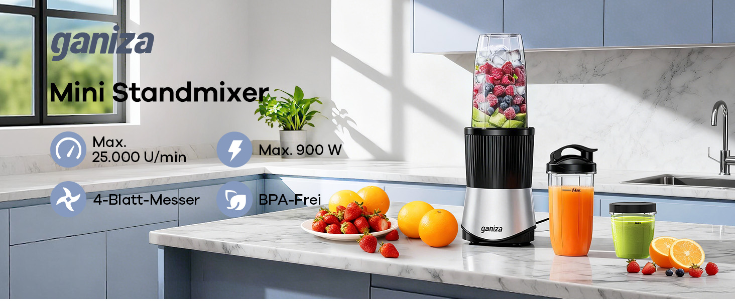 Блендер для смузі Ganiza 900W з 3 стаканами Tritan (300/500/700 мл), срібно-чорний