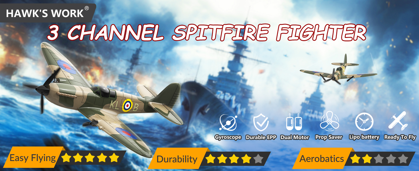 RC літак Hawk's Work Spitfire 2.4GHz - радіокерований винищувач для дітей та початківців, готовий до польоту, 6-осьовий гіростабілізатор
