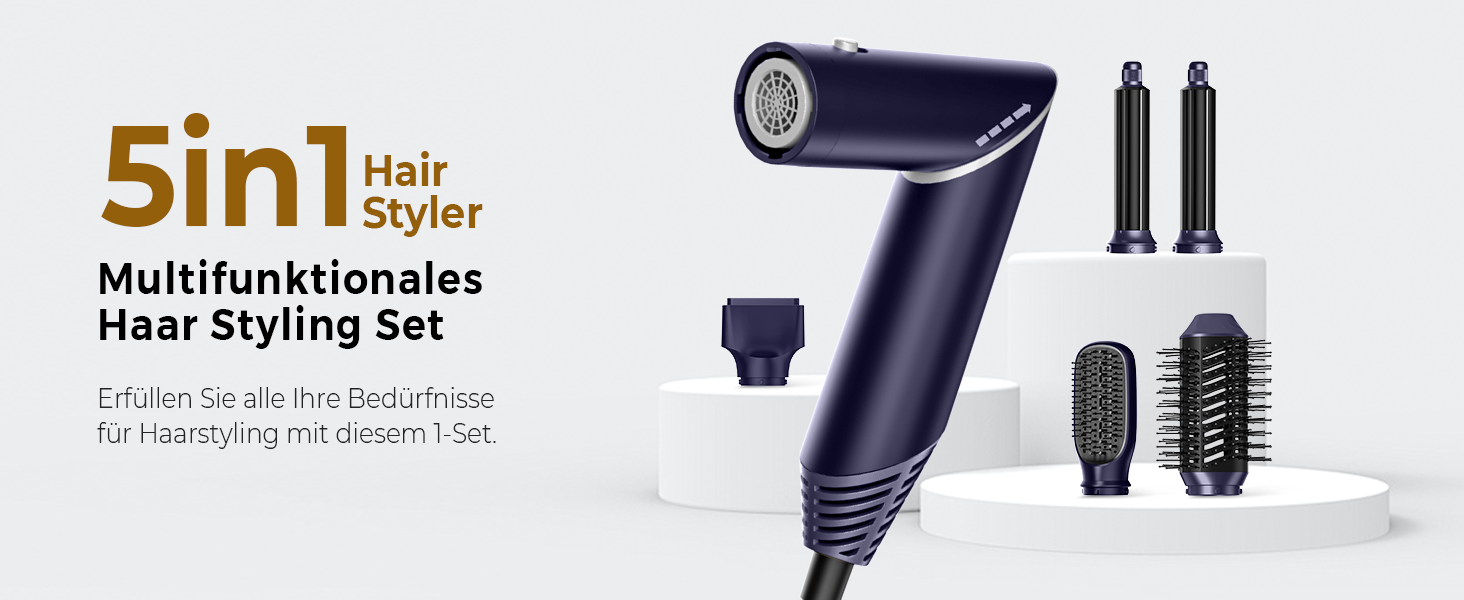 UKLISS 5-в-1 Airstyler Фен-щітка для укладки волосся з насадкою для локонів, 60000 об/хв, блакитний