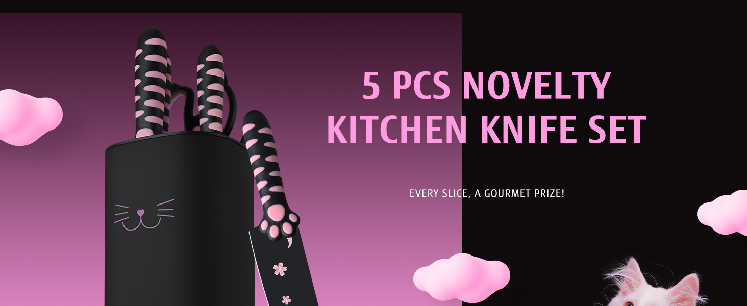 Набір кухонних ножів MeowKit 5 предметів з нержавіючої сталі, милий набір ножів з знімним блоком та ножицями, котяча форма, чорний, рожевий, рожевий