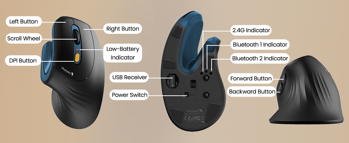 ProtoArc EM11 NL Вертикальна миша, бездротова, заряджається, Bluetooth+USB, для комп'ютера, iPad, Mac, Windows - Чорний/Зелений (Blue)