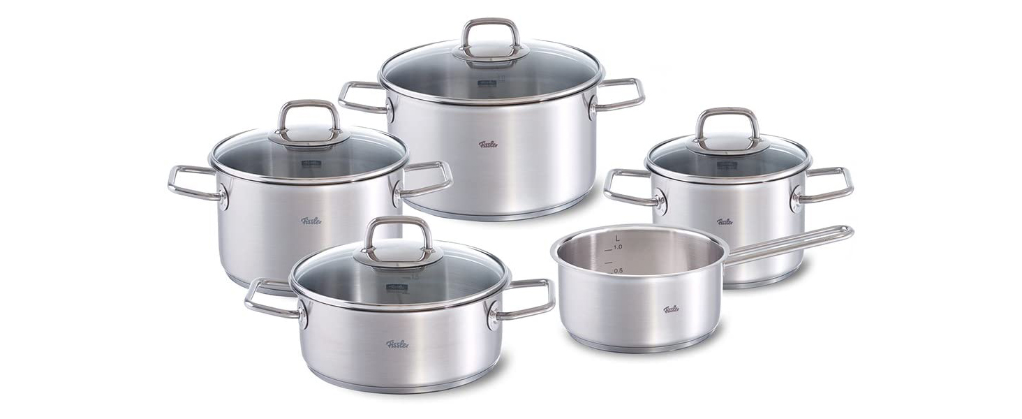 Набір каструль Fissler Viseo з нержавіючої сталі, 5 предметів, для індукційних та всіх типів плит, зі скляними кришками