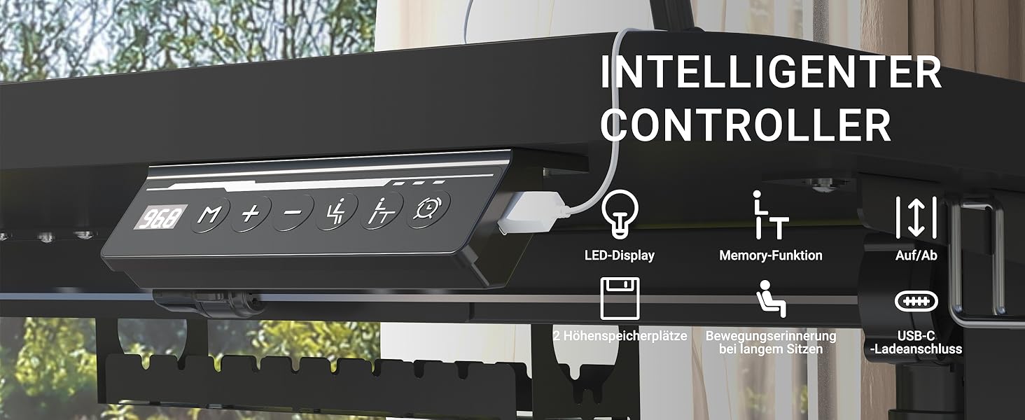 Регульований стіл для роботи з USB-C зарядкою 140 x 60 см, функція пам'яті. Стабільний електричний стіл, стоячий/сидячий, офісний, чорний.