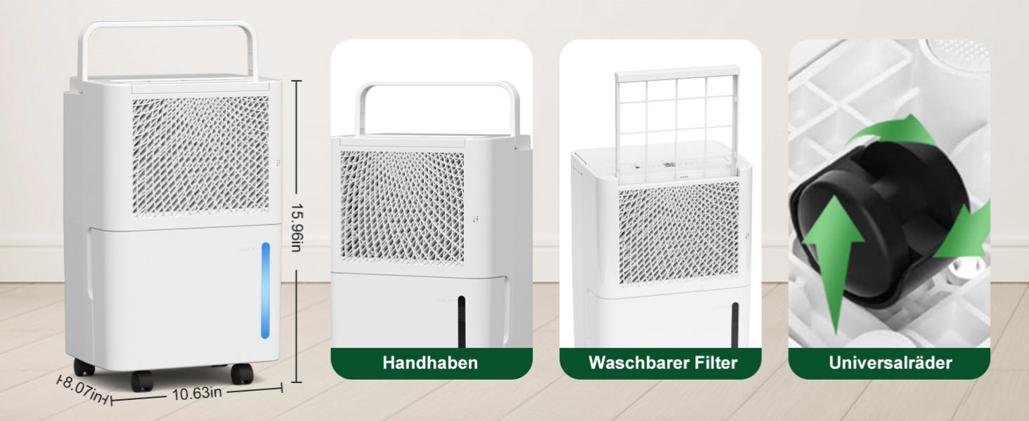 Електричний осушувач повітря PHILODECO 10л/день з режимом сушіння, 2л бак, таймер 24г, автовимкнення, ролики та ручка для підвалу, ванної, спальні