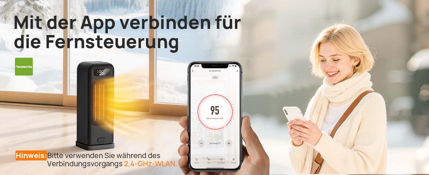 Електричний обігрівач 1500W з PTC-керамічним нагрівачем, портативний з термостатом та ECO-режимом, 4 режими, цифровий дисплей, таймер 12 годин, тихий (35dB), чорний (40cm)