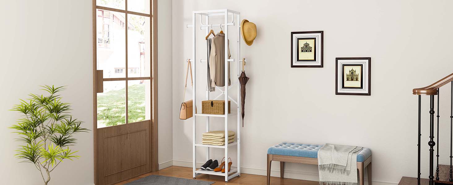 Стійка для одягу IBUYKE, вішалка для одягу з 3 полицями та 8 гачками, індустріальна стійка для передпокою, коридору, спальні, натуральний колір та білий, TMJ088R (180 x 40 x 30 см)