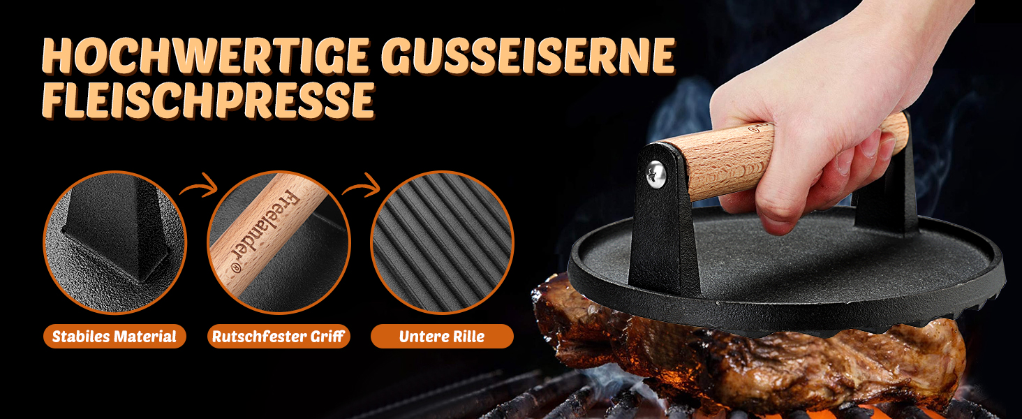 Пресс для бургерів Freelander з чавуну, набір для приготування смашених бургерів (діаметр 17.6 см, прямокутний 20.5 см), прес для гриля з термостійкою ручкою, великий прес для гамбургерів, стейків, сендвічів (чорний, круглий)