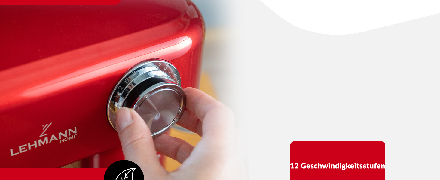 Кухонна машина Lehmann - планетарний міксер з набором аксесуарів - 3 насадки, кришка-розбризкувач, чаша 5л, 12 швидкостей, захист від перегріву, неслизька, червона