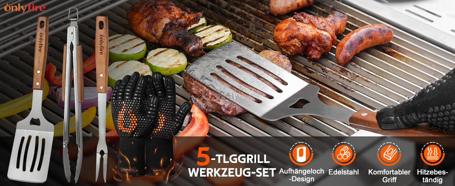 Набір гриль-посуду Onlyfire 4 шт. з нержавіючої сталі та акації (щипці, лопатка, виделка, щітка)