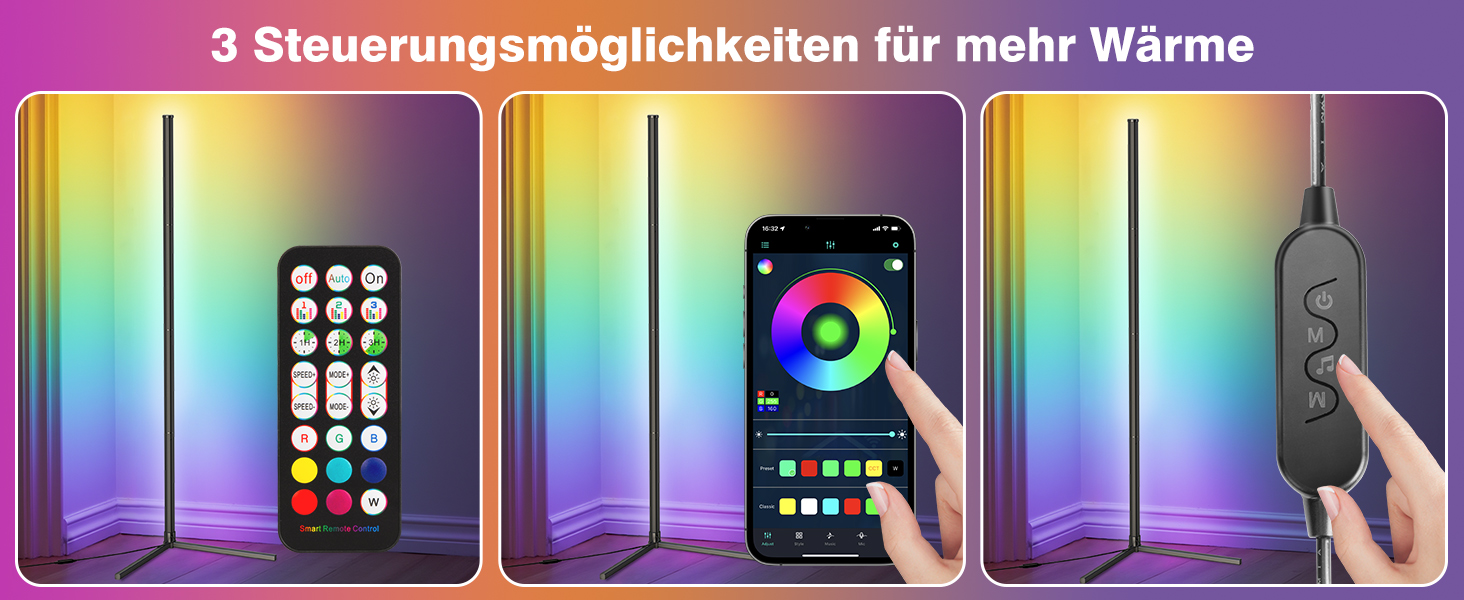 LED Торшер у вітальню RGB з димером, пультом та керуванням через додаток. Кутова LED лампа з 16 млн кольорів, 68+ режимів, музичний режим для спальні та геймінгу