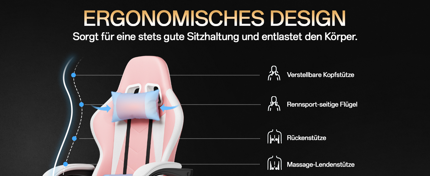 Ігровий крісло JUMMICO з масажем, ергономічний офісний стілець з підголовником, регульована спинка 90-135°, підставка для ніг, витримує до 150 кг (Рожевий, Компактний)